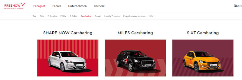 A screenshot of the FreeNow website with offers for ShareNow, Miles and Sixt car-sharing
