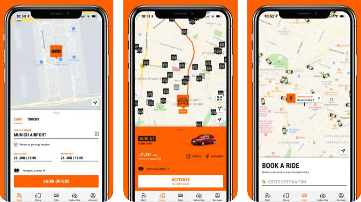 Three phones each displaying a different screen of the Sixt Share app