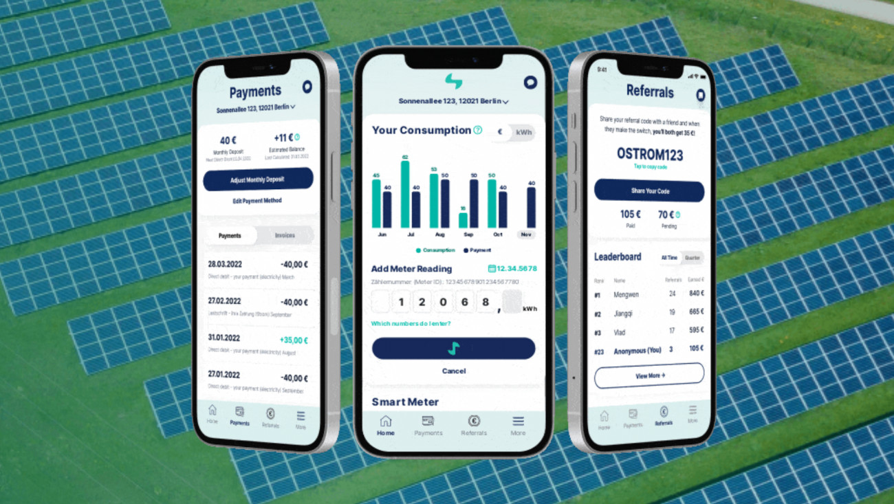 3 phones with the Ostrom app open on a green background with solar panels.