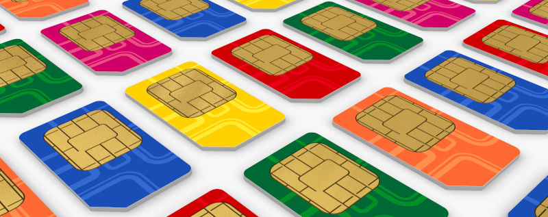 Close up of phone SIM cards in various colors