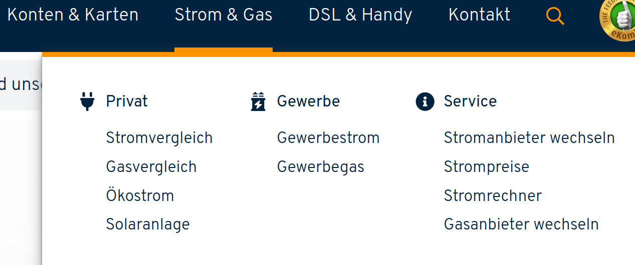 A screenshot of the Tarifcheck navgation menu