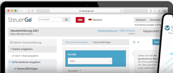 A tablet with the Steuergo website user dashboard