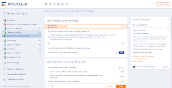 The interface of the Wiso tax software displaying a form