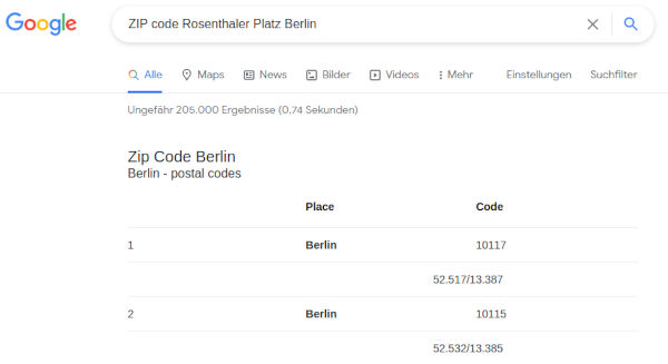 A screenshot of how to Google your zip code in Germany