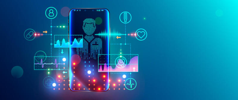 A phone with a health app on blue background.