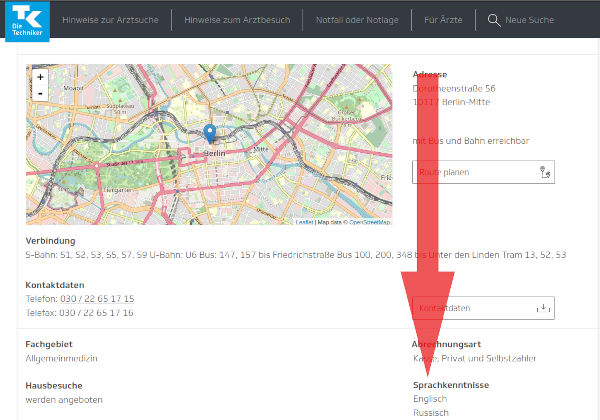 A screenshot of the TK medical specialists search engine, the section displaying languages spoken by the doctor