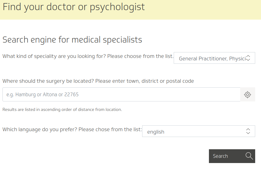 A screenshot of the TK medical specialists' search engine