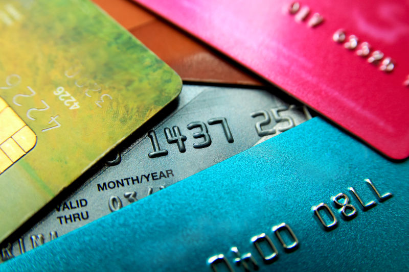 Close up of credit cards in various colors