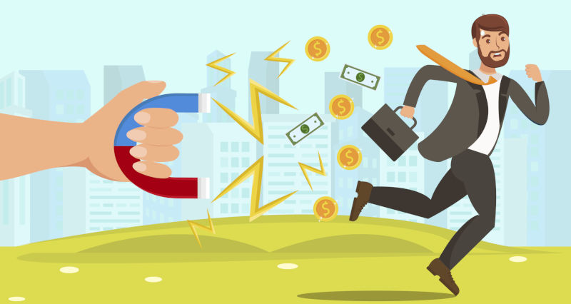 An illustration with a magnet pulling money out of the pockets of a white collar worker